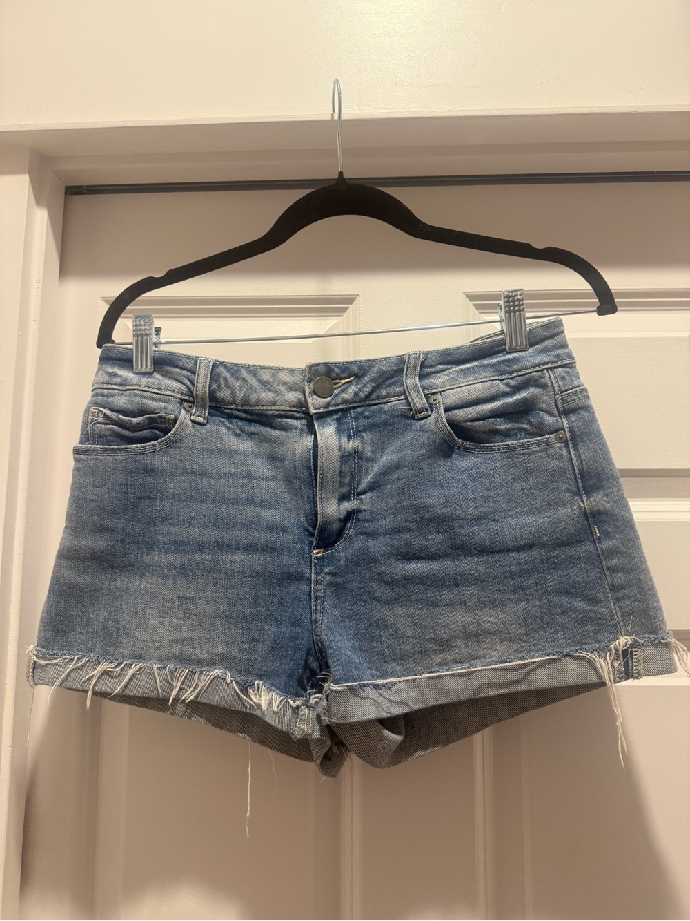 PAIGE Light Blue Frayed Hem Denim Shorts